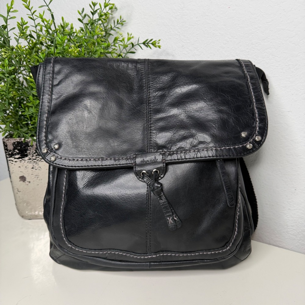 The Sak Backpack Women Black Leather Studded Flap Boho Large